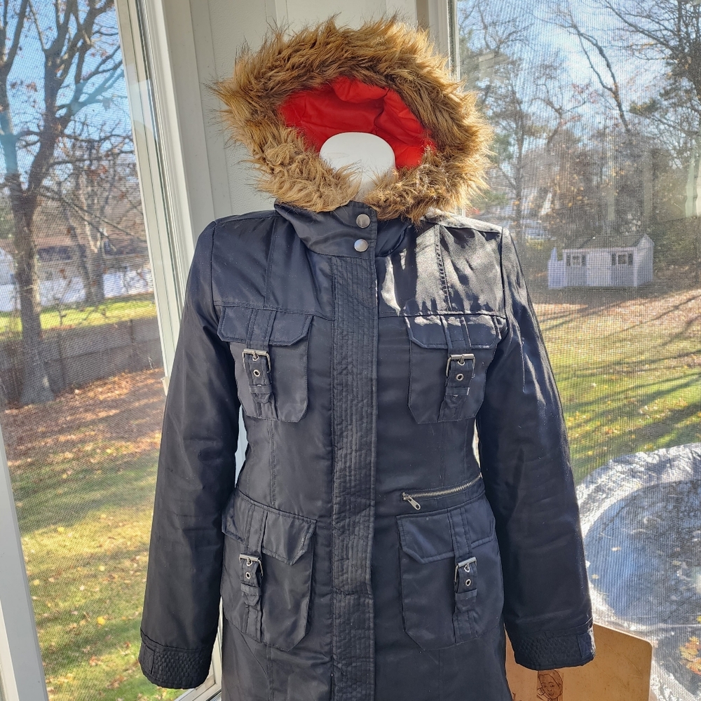 Weather Vane Black Waterproof Faux Fur Trim Hood Utility Insulated Down Coat - Picture 2 of 16